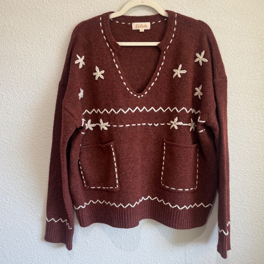 Listicle Burgundy Knit Sweater With White Flower Embroidery Long Sleeve L Boho